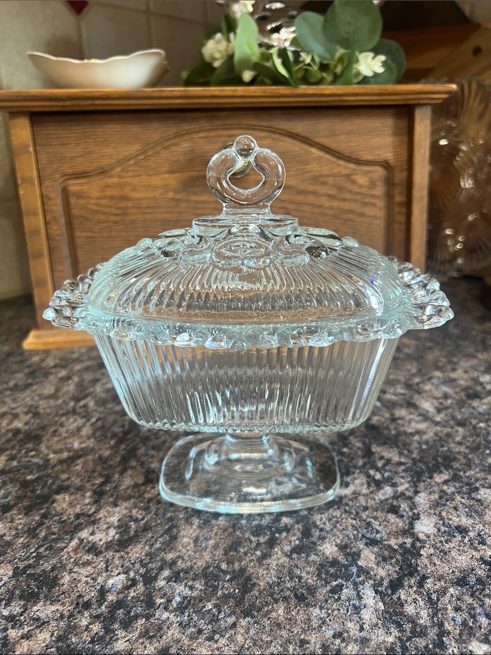Vintage Indiana Glass Open Lace Rim Pedestal Rectangle Candy Box Dish Lid Ornate